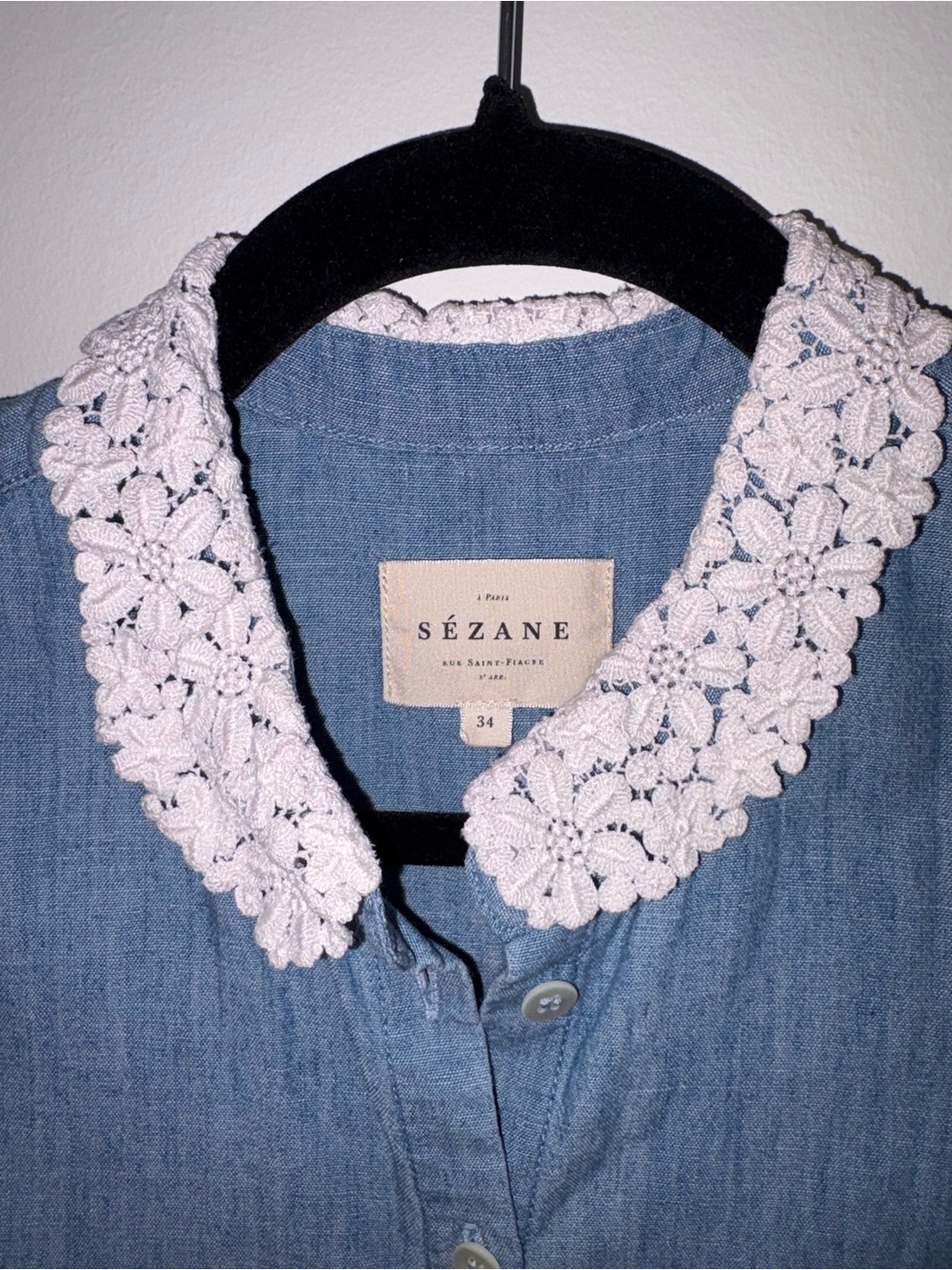 Sezane Alex Shirt Dress in Chambray with White Lace Collar FR34/US2 - Picture 5 of 6